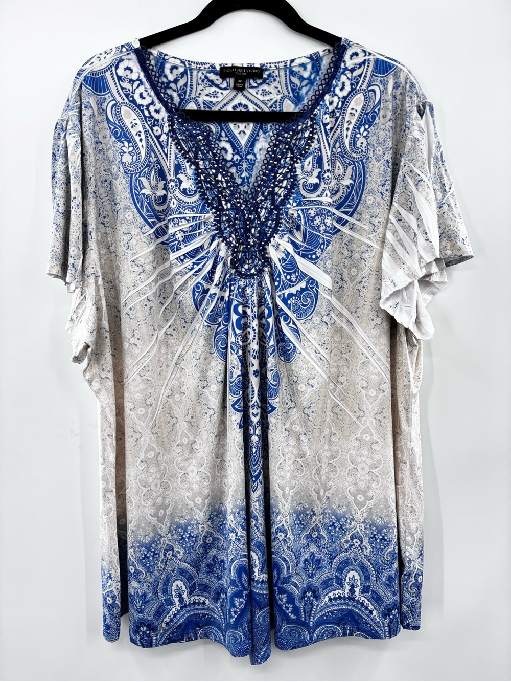 Signature Studio Blue Paisley Embroidered V-Neck Women's Top size 3X
